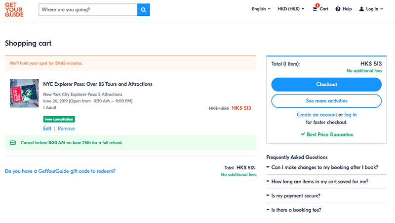 getyourguide Coupon On shopping Cart