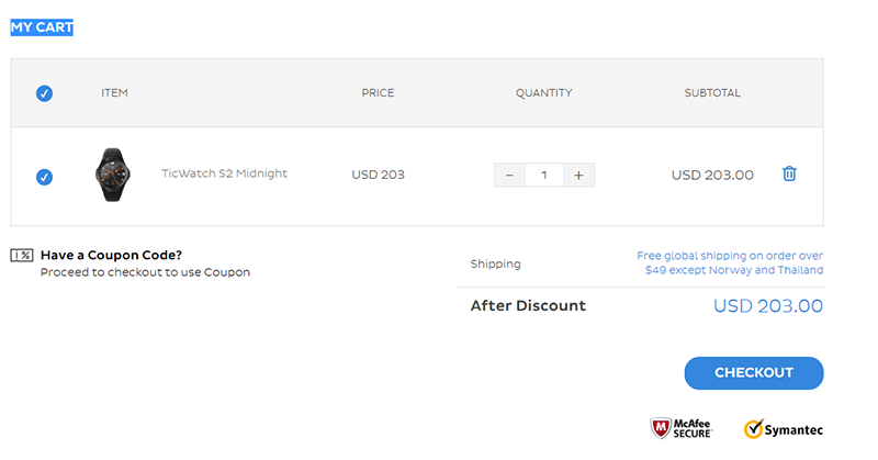 Mobvoi Coupon on Shopping Cart